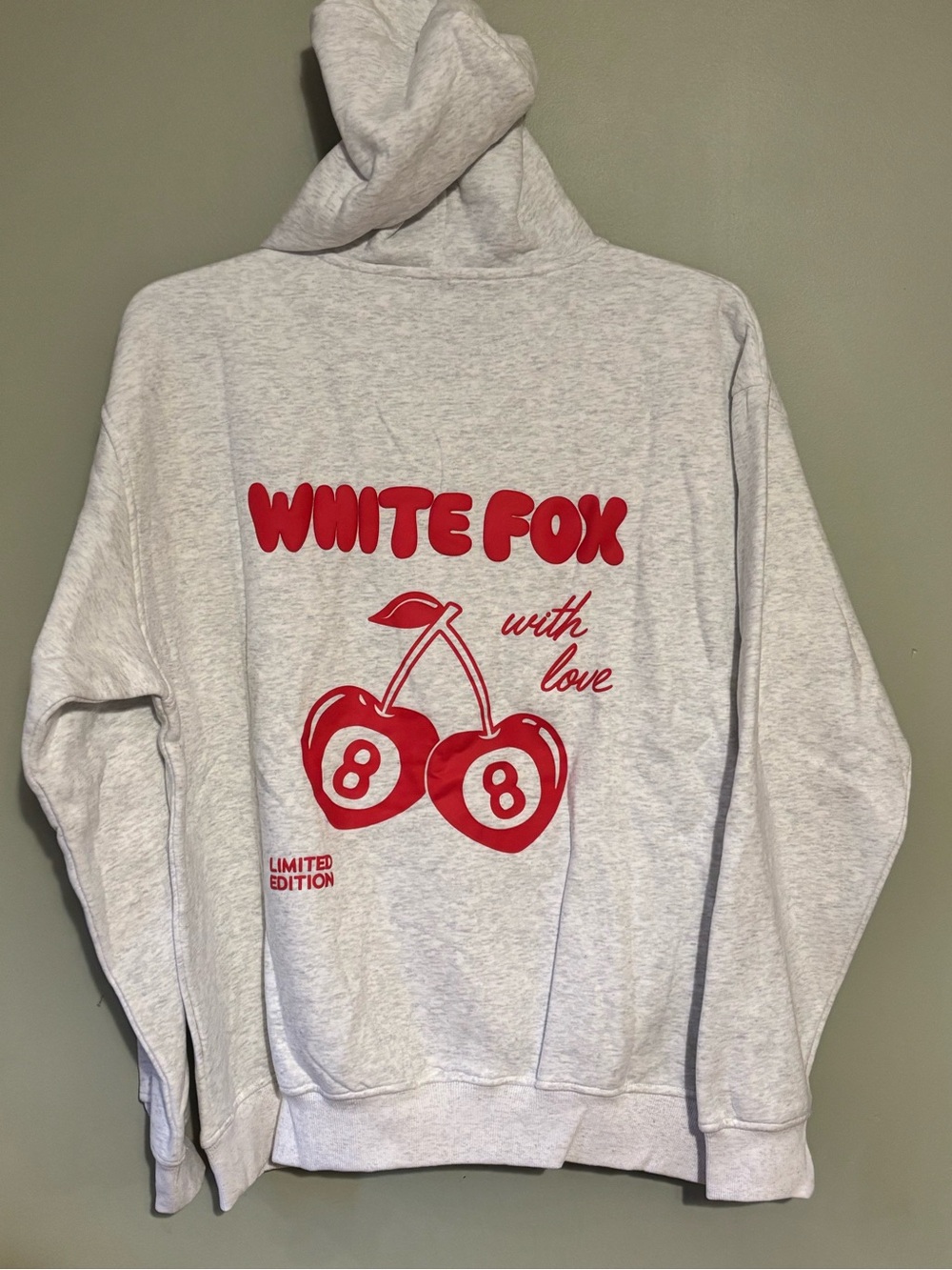 White Fox With Love Light Gray Hoodie with Red Cherry Graphic Size L